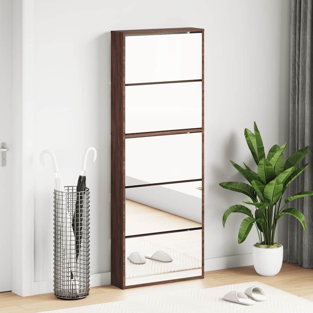 Schuhschrank mit Spiegel 5 Fächer Braun Eiche 63x17x169,5 cm