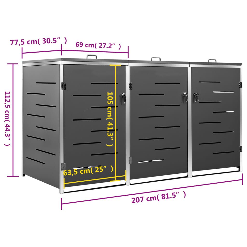 Mülltonnenbox für 3 Tonnen 207x77,5x115 cm Edelstahl