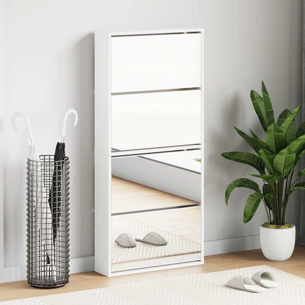 Schuhschrank mit 4 Fächern Spiegel Weiß 63×17×134 cm