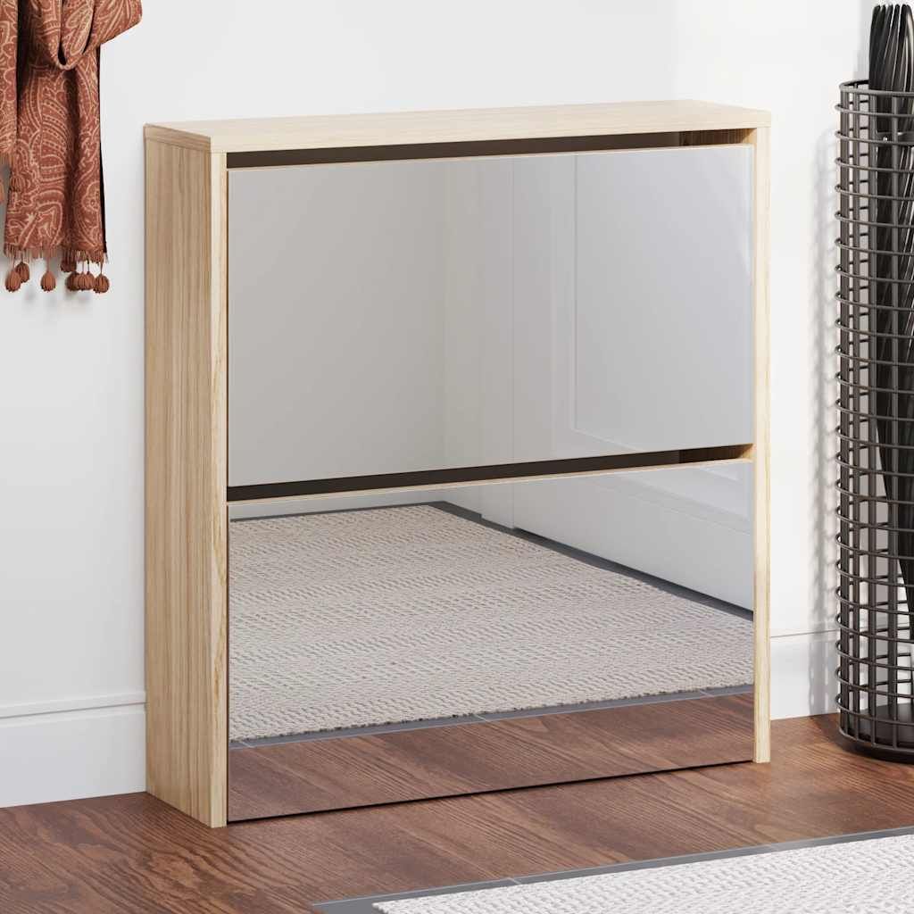 Schuhschrank mit 2 Fächern Spiegel Eiche-Optik 63x17x67 cm