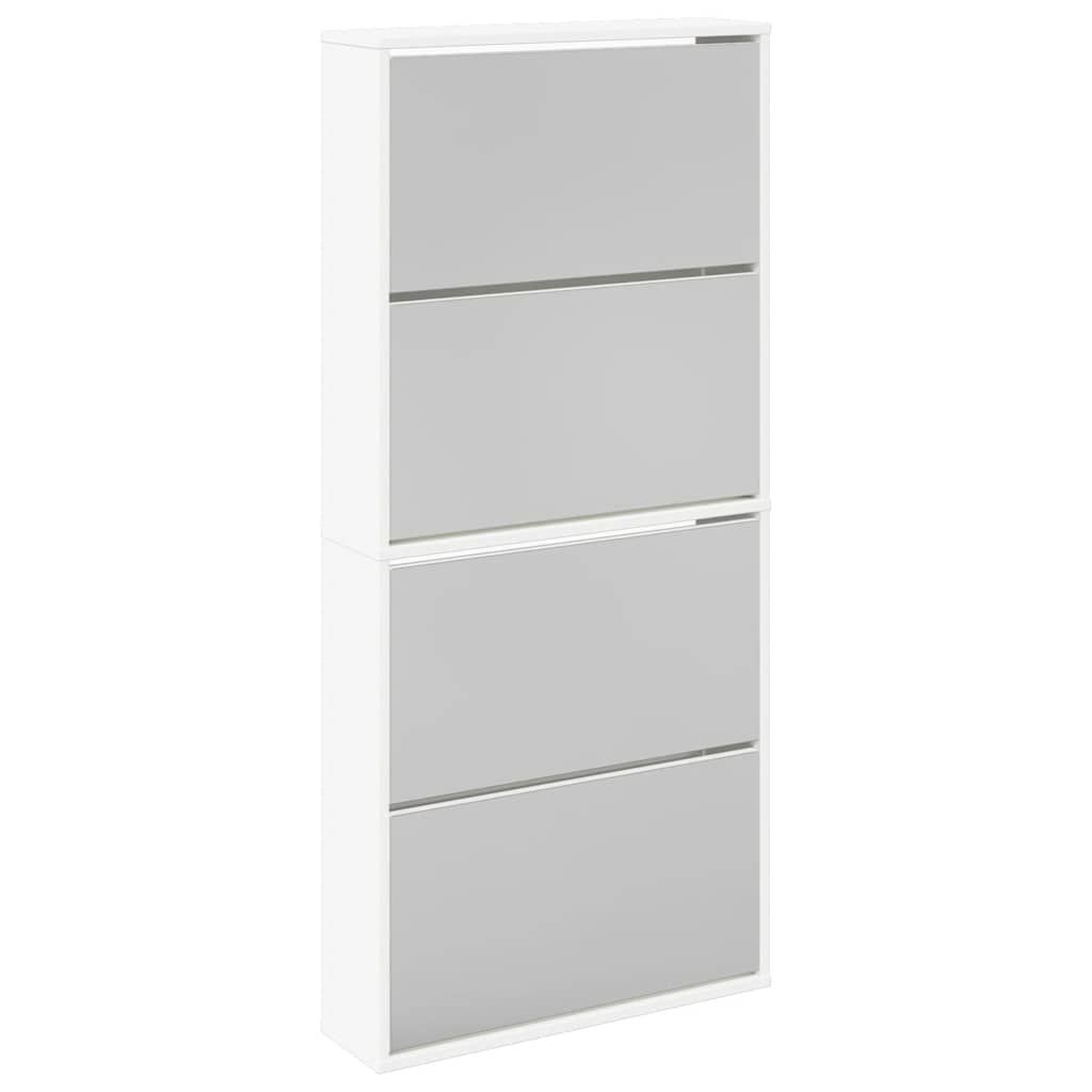 Schuhschrank mit 4 Fächern Spiegel Weiß 63×17×134 cm