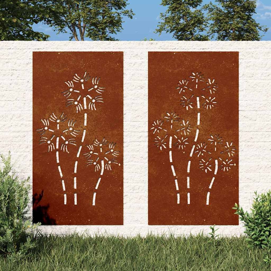 2-tlg. Garten-Wanddeko 105x55 cm Cortenstahl Blumen-Design