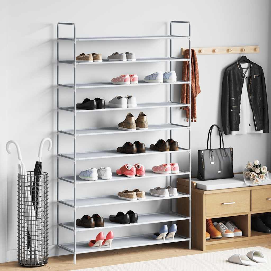 Schuhregal mit 10 Ablagen Metall und Vliesstoff Silbern