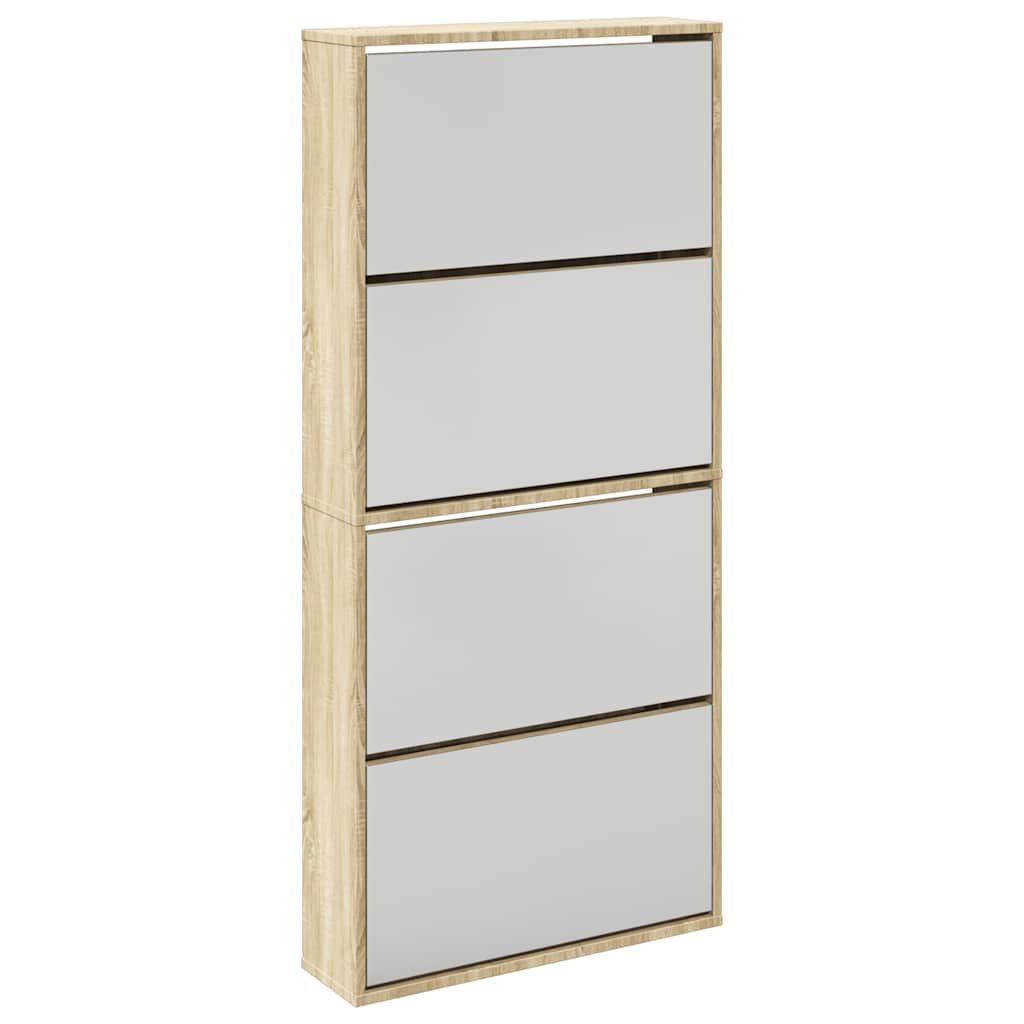 Schuhschrank mit 4 Fächern Spiegel Eiche 63×17×134 cm