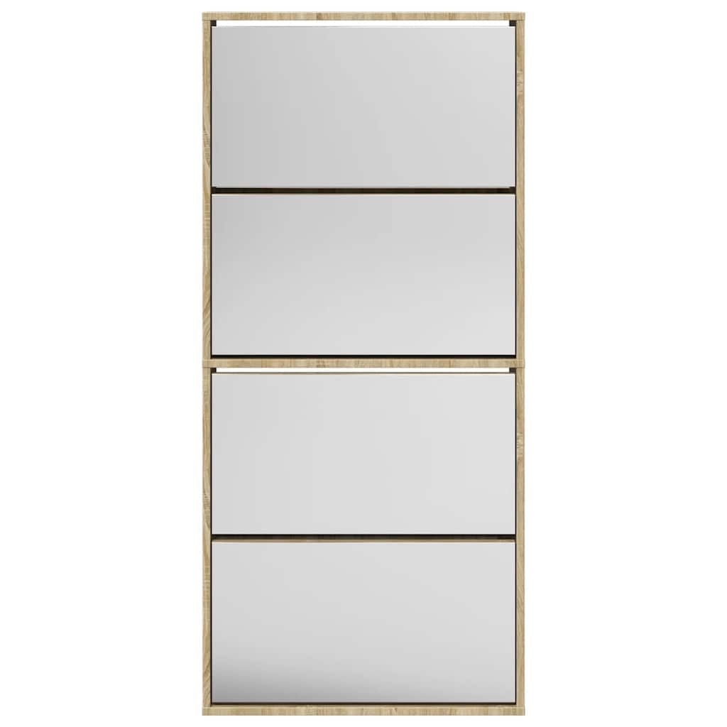 Schuhschrank mit 4 Fächern Spiegel Eiche 63×17×134 cm