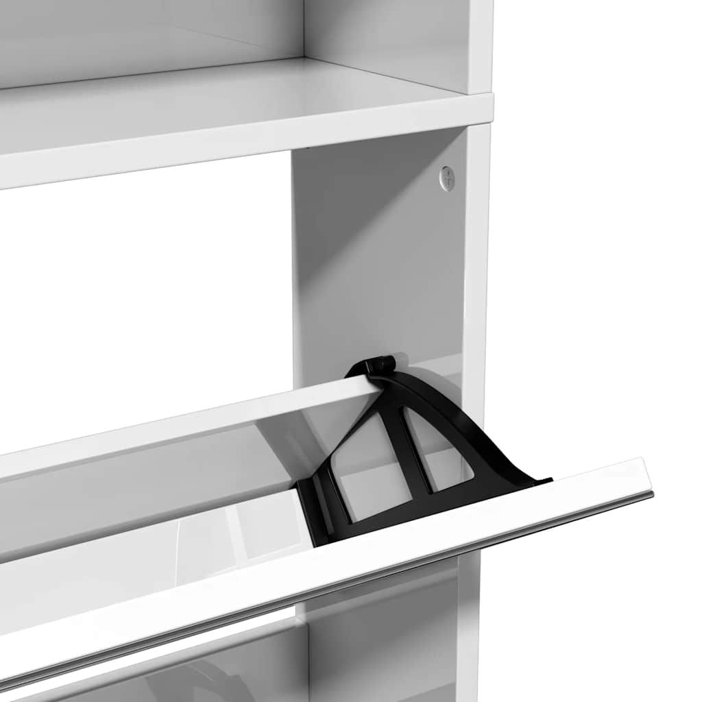 Schuhschrank mit Spiegel 4 Fächer Hochglanz-Weiß 63x17x134 cm