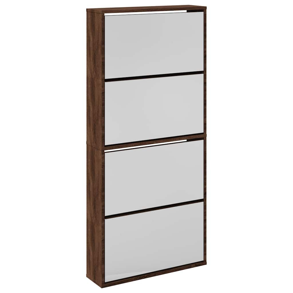 Schuhschrank mit Spiegel 4 Fächer Braun Eiche-Optik 63x17x134cm