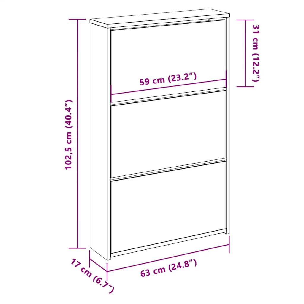 Schuhschrank mit 3 Fächern Spiegel Eiche-Optik 63x17x102,5 cm