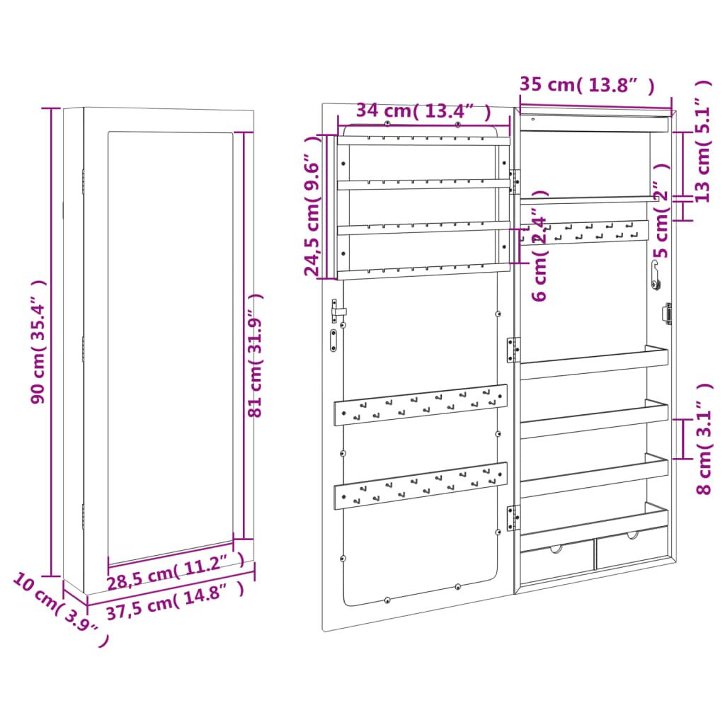 Spiegel-Schmuckschrank mit LED-Beleuchtung Wandmontage Schwarz
