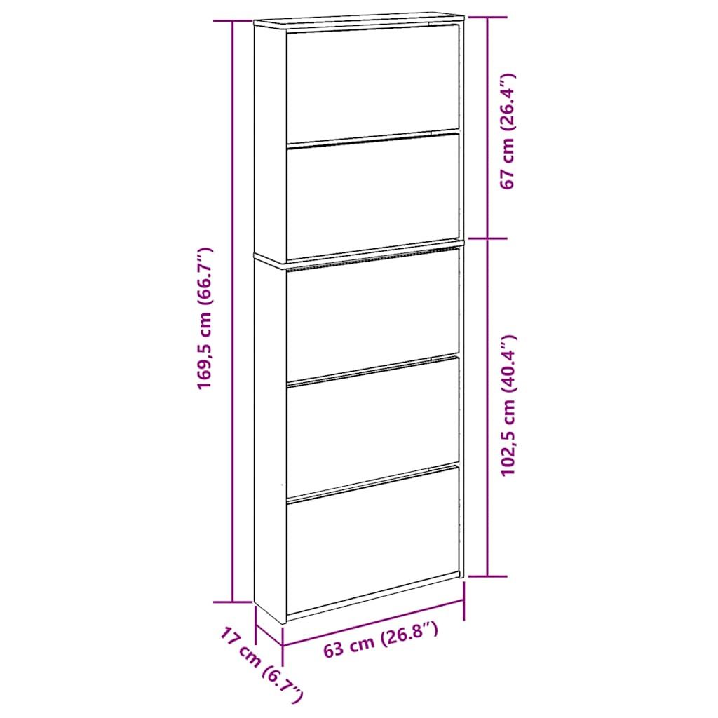 Schuhschrank mit Spiegel 5 Fächer Hochglanz-Weiß 63x17x169,5 cm