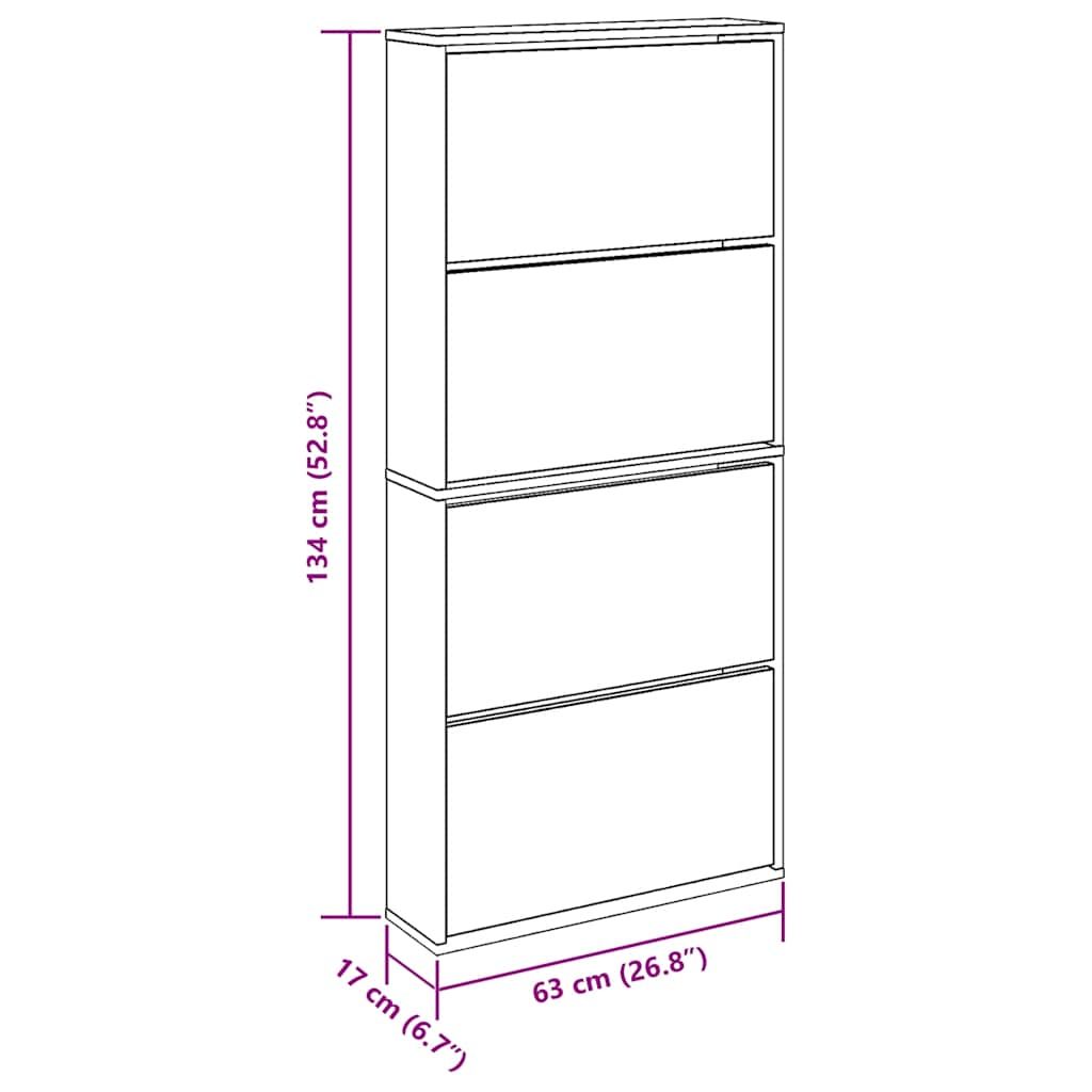 Schuhschrank mit Spiegel 4 Fächer Braun Eiche-Optik 63x17x134cm