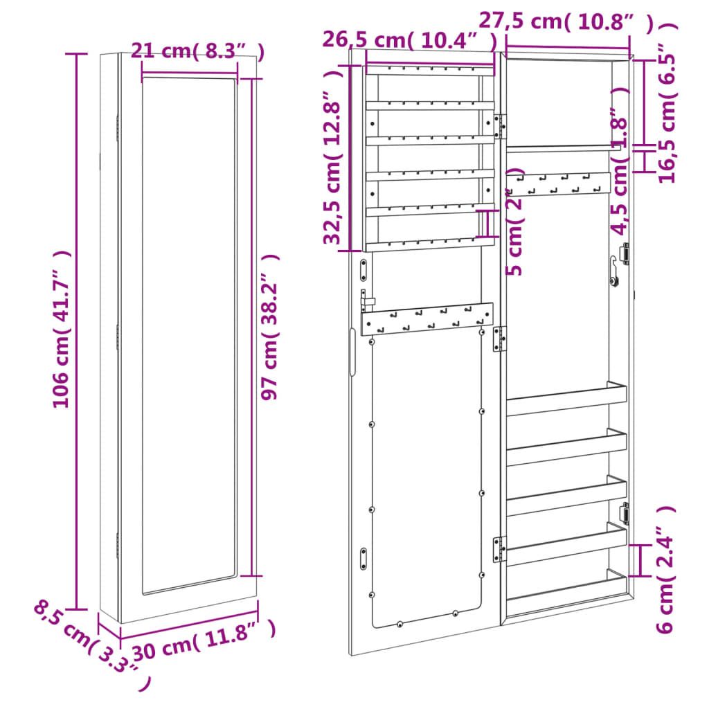 Schmuckschrank mit Spiegel Wandmontage Schwarz 30x8,5x106 cm