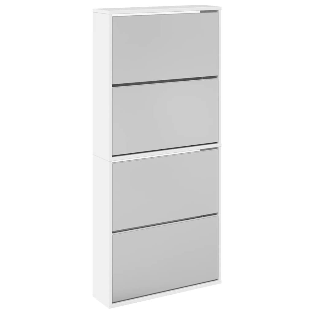 Schuhschrank mit Spiegel 4 Fächer Hochglanz-Weiß 63x17x134 cm