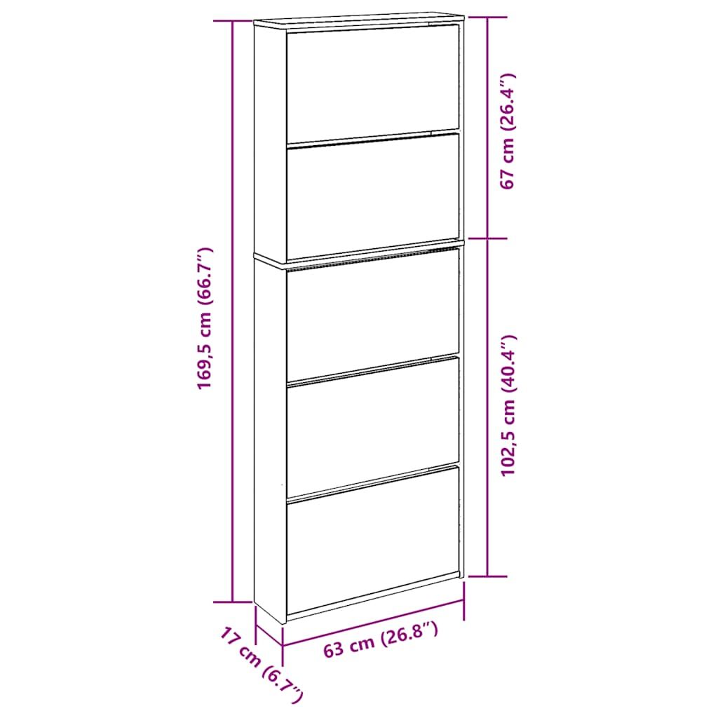 Schuhschrank mit Spiegel 5 Fächer Räuchereiche 63x17x169,5 cm