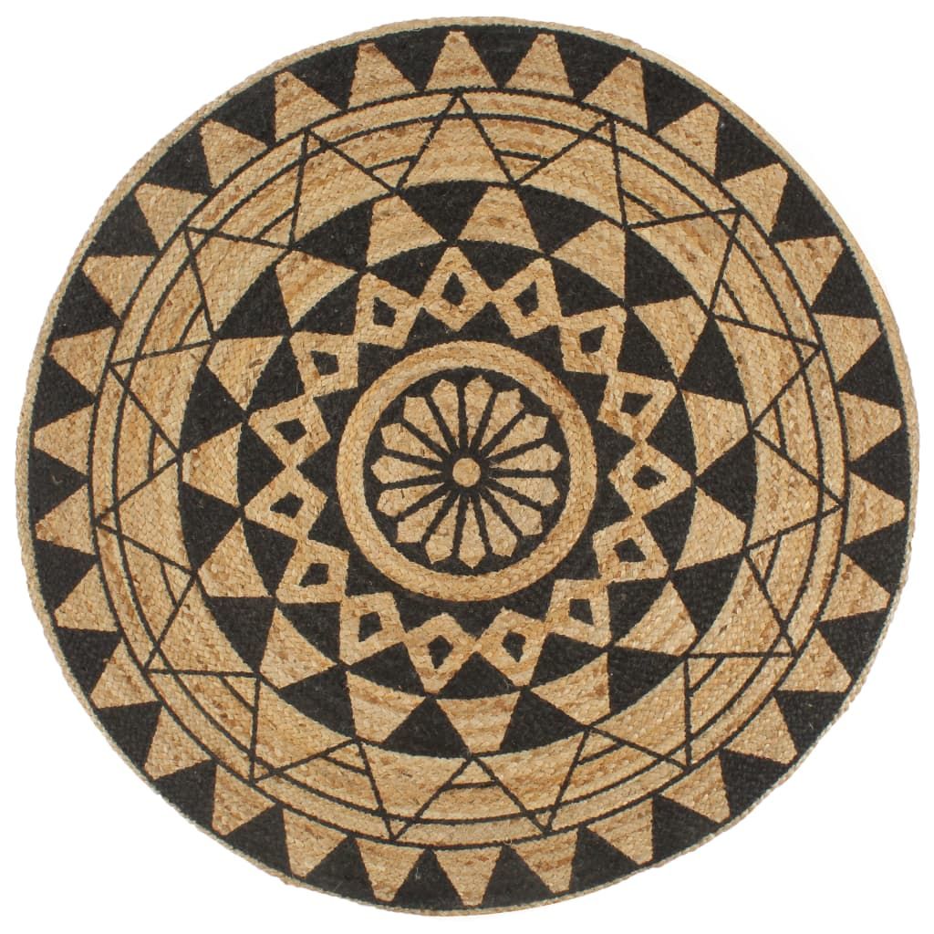 Teppich Handgefertigt Jute Schwarzer Druck 90 cm