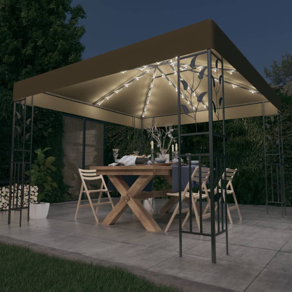Pavillon mit LED-Lichterkette 3x3 m Taupe