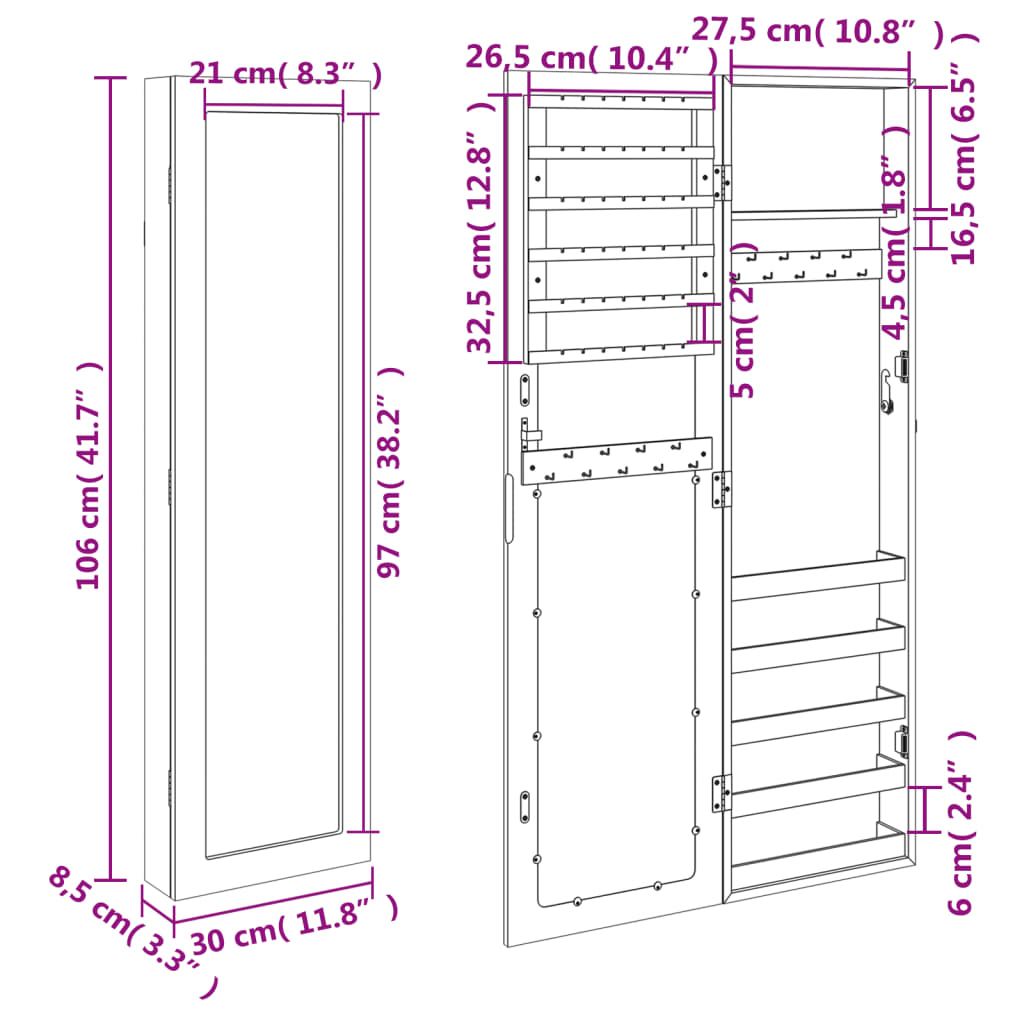 Schmuckschrank mit Spiegel Wandmontage 30x8,5x106 cm