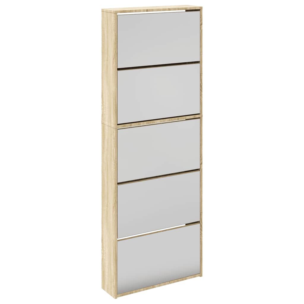 Schuhschrank mit 5 Fächern Spiegel Eiche 63x17x169,5 cm