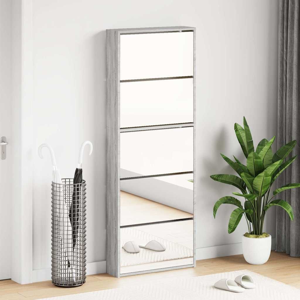 Schuhschrank mit Spiegel 5 Fächer Grau Sonoma 63x17x169,5 cm