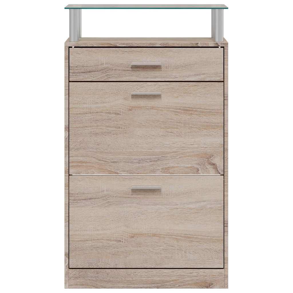 Schuhschrank mit Schubfach & oberes Glasregal Holz Eichenoptik