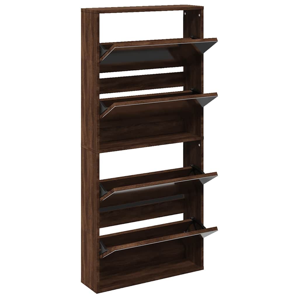 Schuhschrank mit Spiegel 4 Fächer Braun Eiche-Optik 63x17x134cm