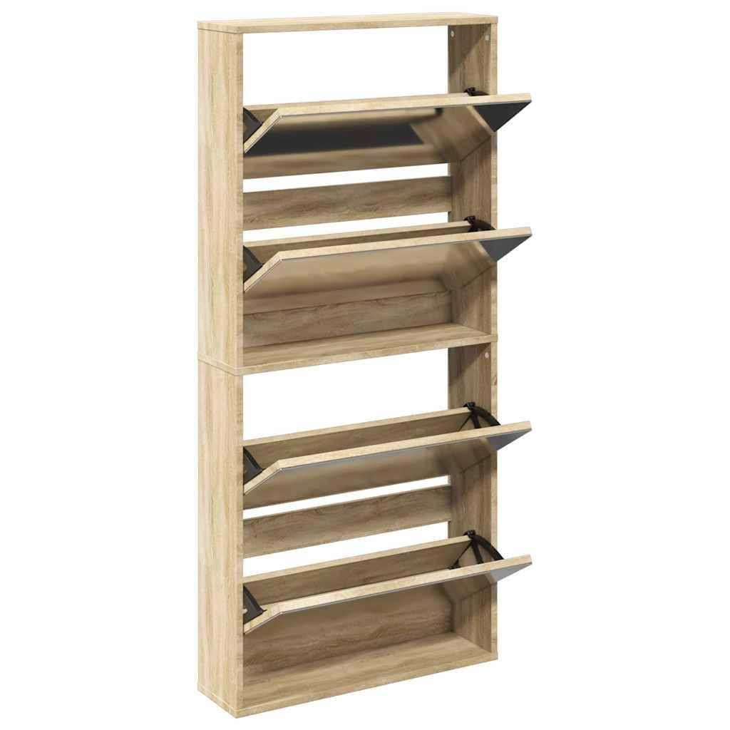 Schuhschrank mit 4 Fächern Spiegel Eiche 63×17×134 cm