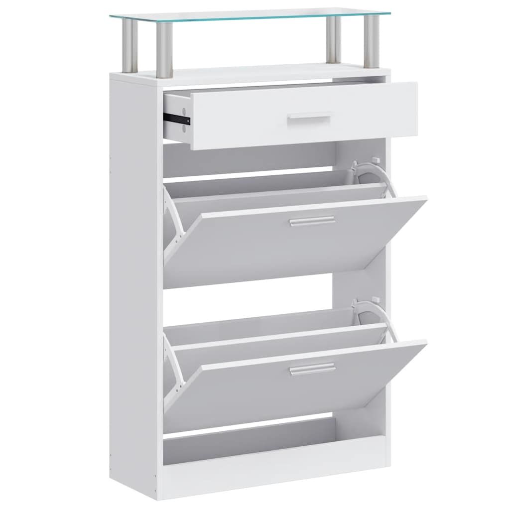 Schuhschrank mit Schubfach und oberem Glasregal Holz Weiß