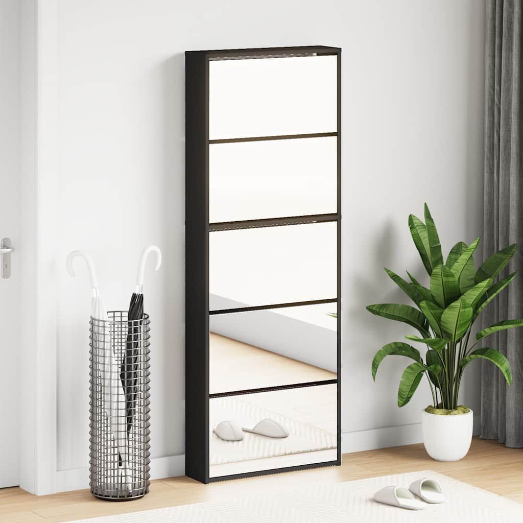 Schuhschrank mit Spiegel 5 Fächer Schwarz 63x17x169,5 cm