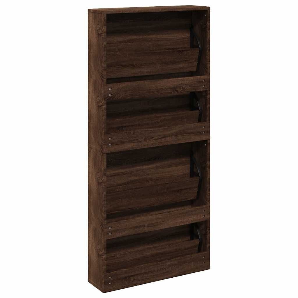 Schuhschrank mit Spiegel 4 Fächer Braun Eiche-Optik 63x17x134cm