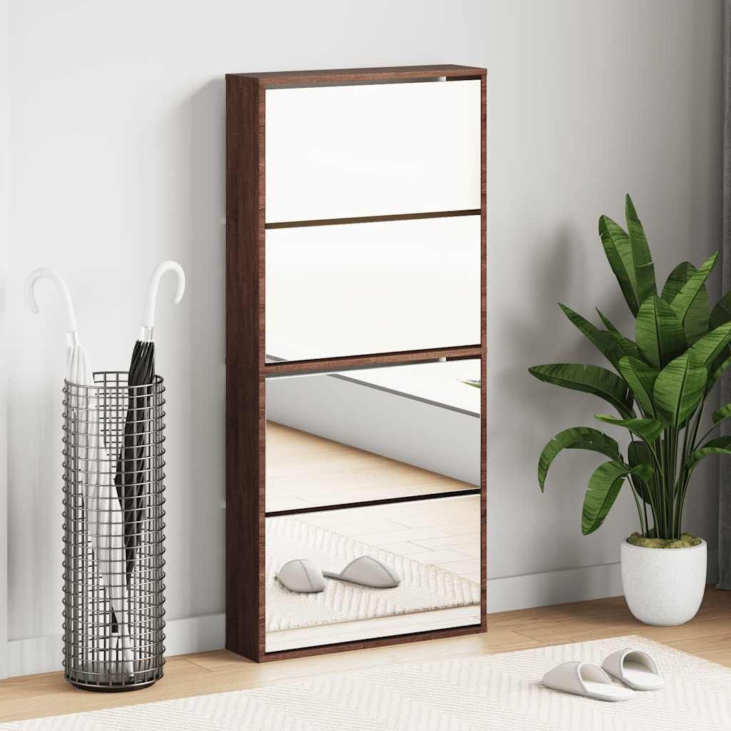Schuhschrank mit Spiegel 4 Fächer Braun Eiche-Optik 63x17x134cm