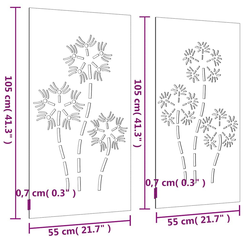 2-tlg. Garten-Wanddeko 105x55 cm Cortenstahl Blumen-Design